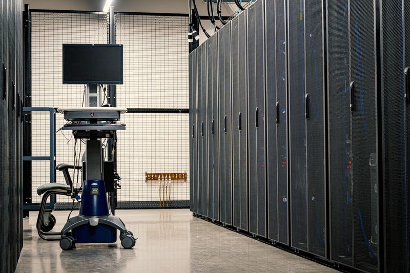 Server racks and monitoring hardware inside a modern data center.